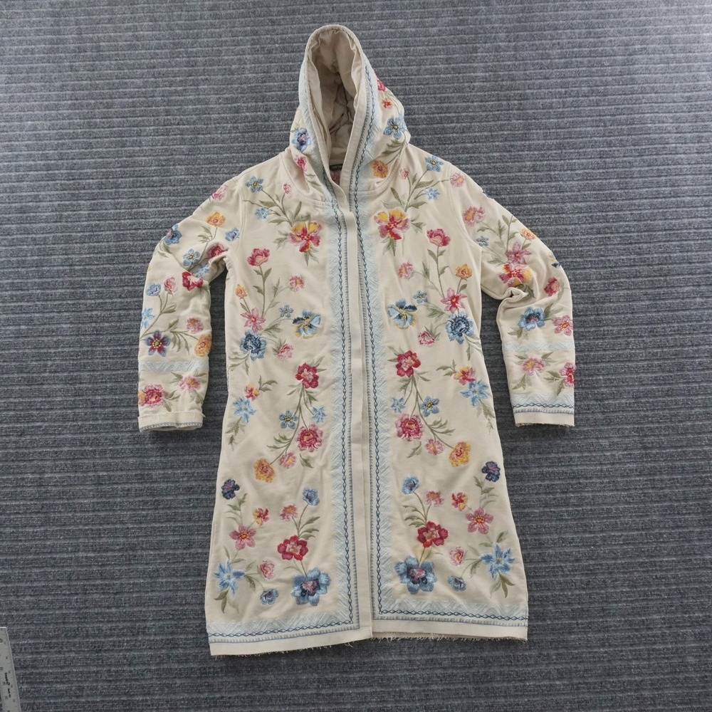 Driftwood Embroidered Floral Hooded Cardigan Women Size L Cream Boho Longline